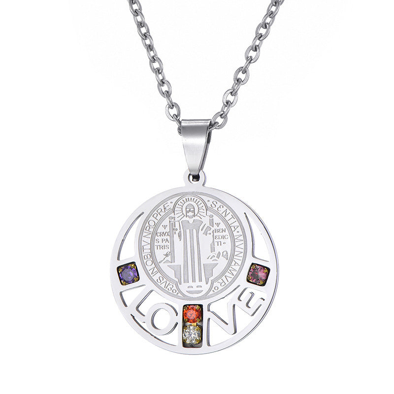 Collier pendentif Saint Benoît LOVE en acier inoxydable couleur diamant