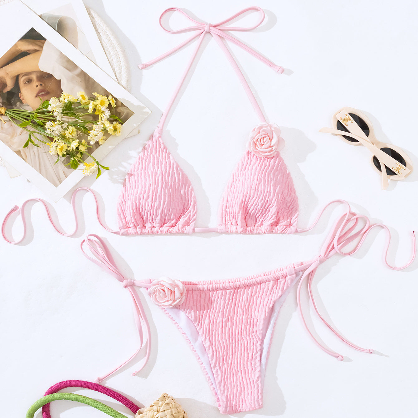 Ensemble de bikini à fleurs tridimensionnelles 3D pour la plage, maillot de bain sexy d'été de couleur unie avec nœud latéral, vêtements pour femmes