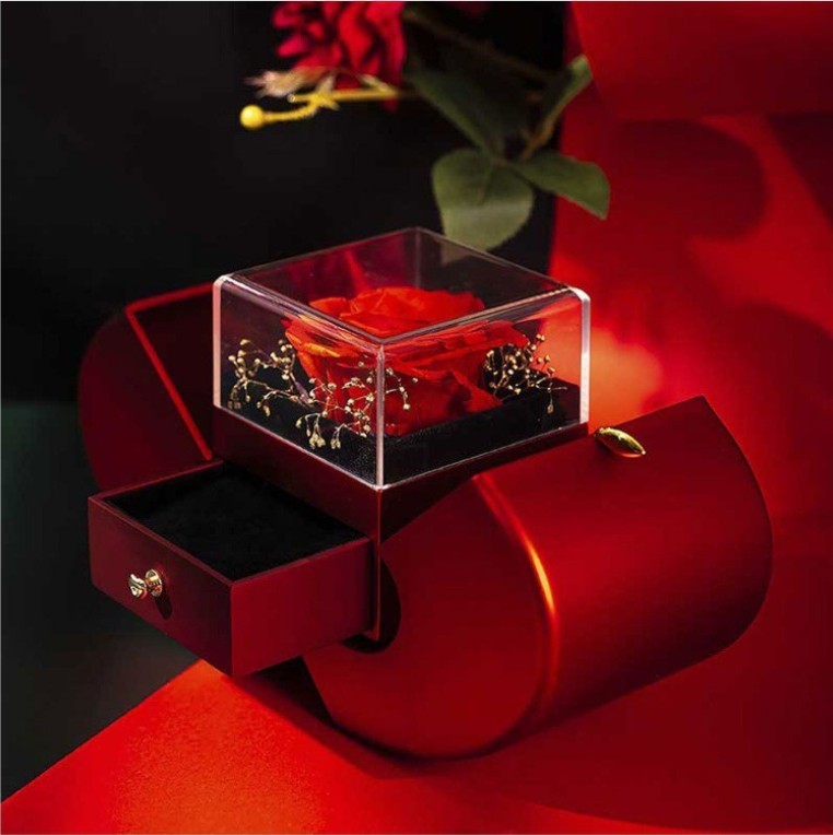 Boîte à bijoux de mode pomme rouge cadeau de Noël collier rose éternelle pour fille cadeaux de la fête des mères et de la Saint-Valentin avec boîte à bijoux en fleur artificielle.