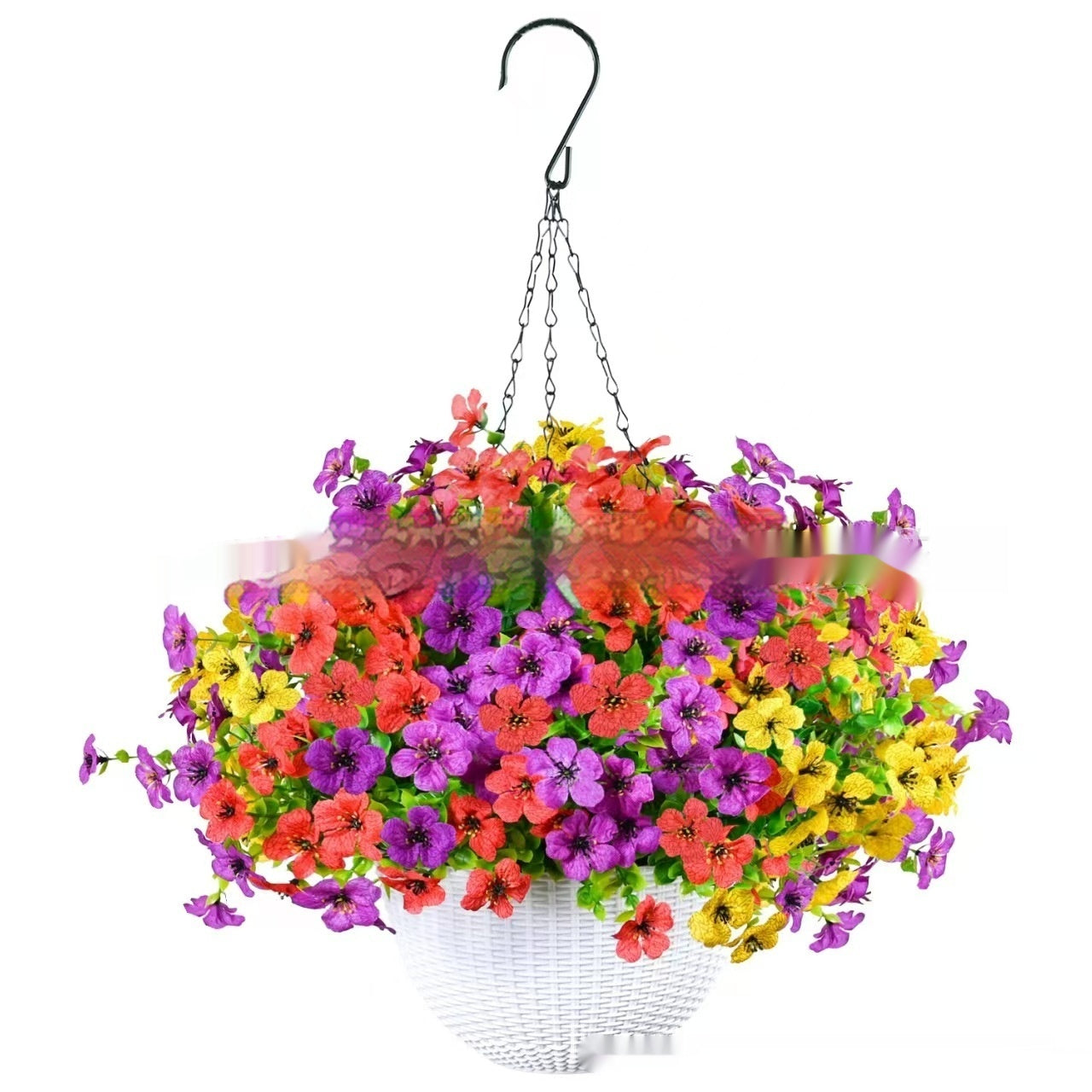 Panier suspendu rond en chlorophytum avec cadre en fer et décoration violette pour jardinage printanier