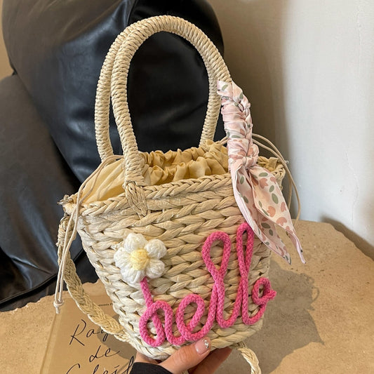 Sac à main tissé pour femme, sac à bandoulière en paille avec lettres tendance