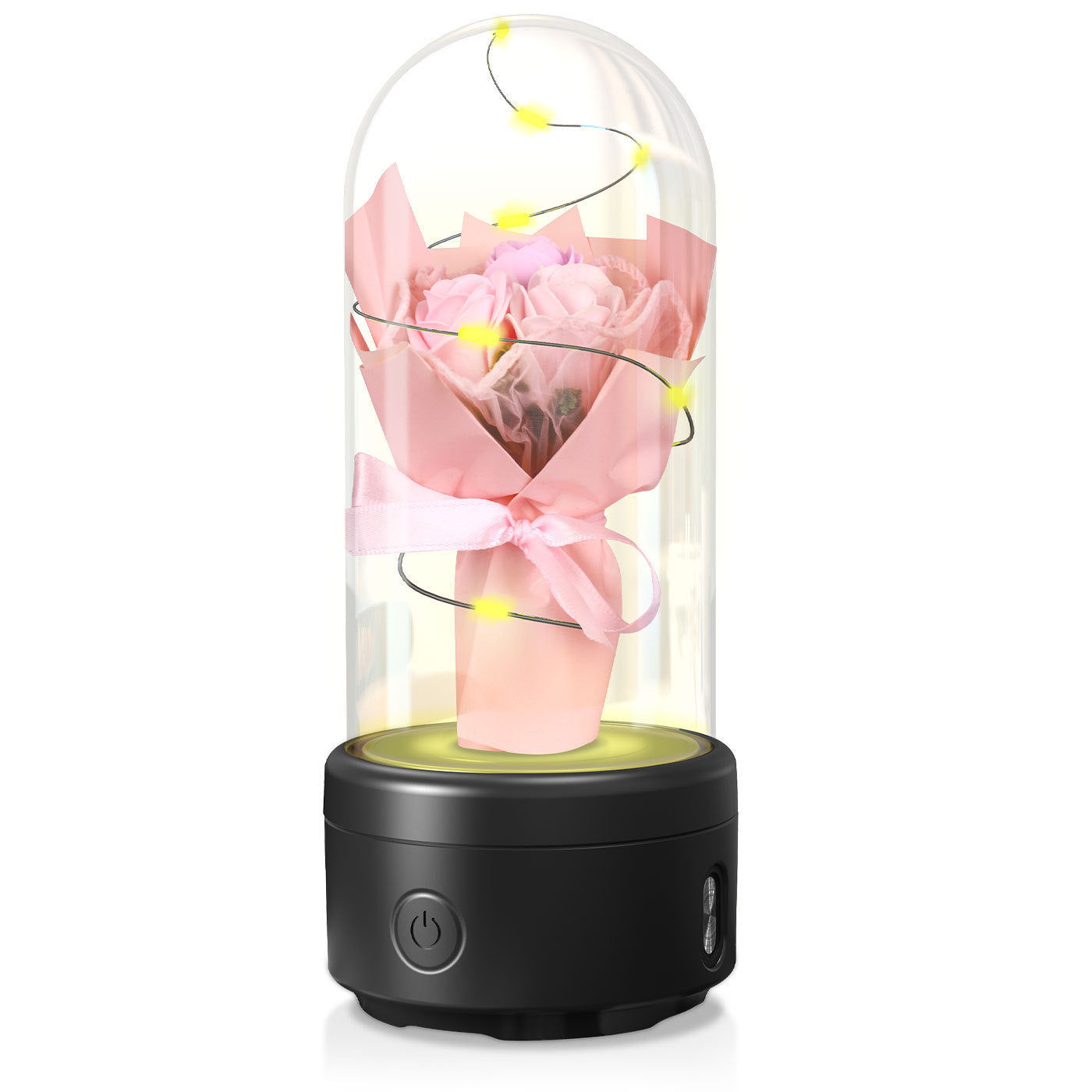 Bouquet créatif 2 en 1 avec lumière LED et haut-parleur compatible Bluetooth, cadeau de fête des mères, veilleuse lumineuse en forme de rose, ornement dans un couvercle en verre
