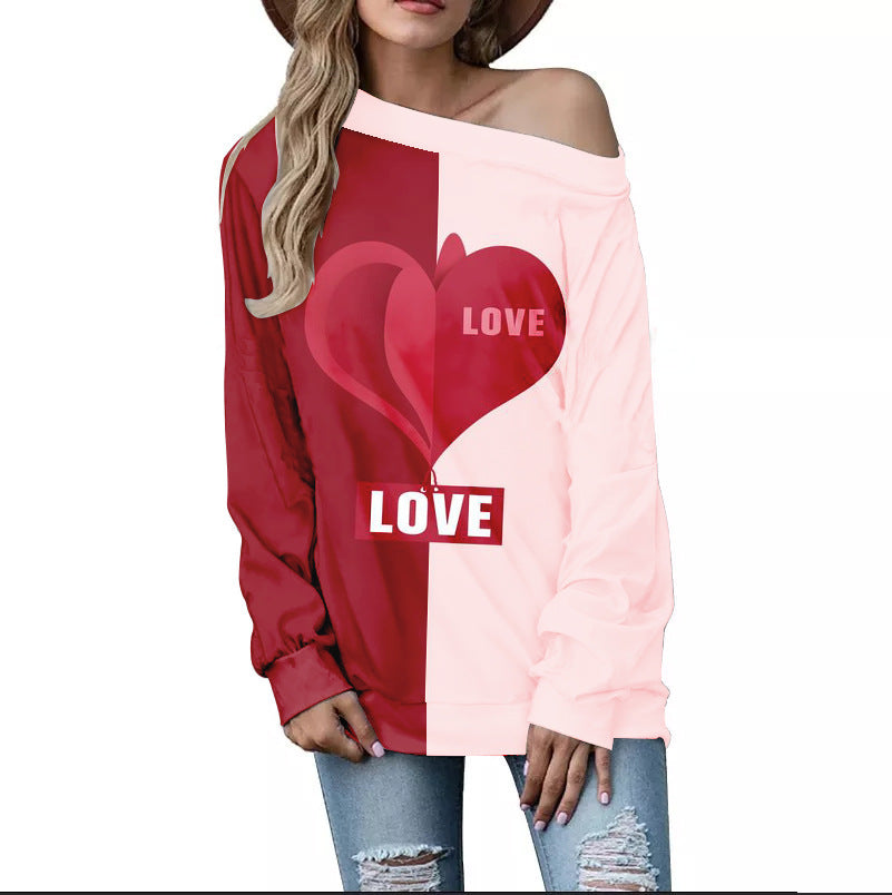 Pull à manches longues, ample, à imprimé pour la Saint-Valentin pour femmes