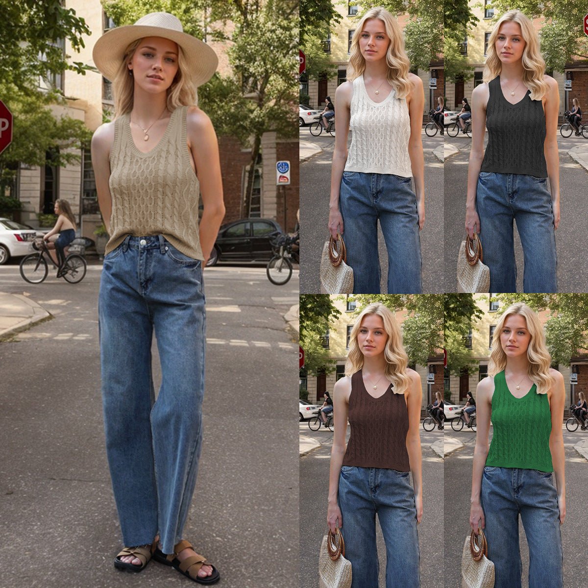 Débardeur à col en V pour femme, haut décontracté en tricot de couleur unie - KaoKao