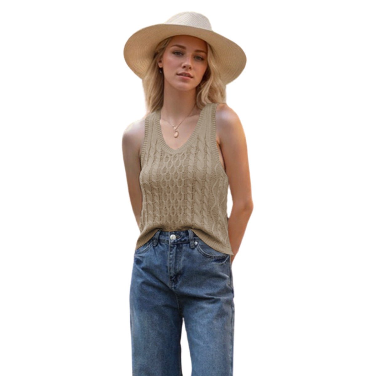 Débardeur à col en V pour femme, haut décontracté en tricot de couleur unie - KaoKao