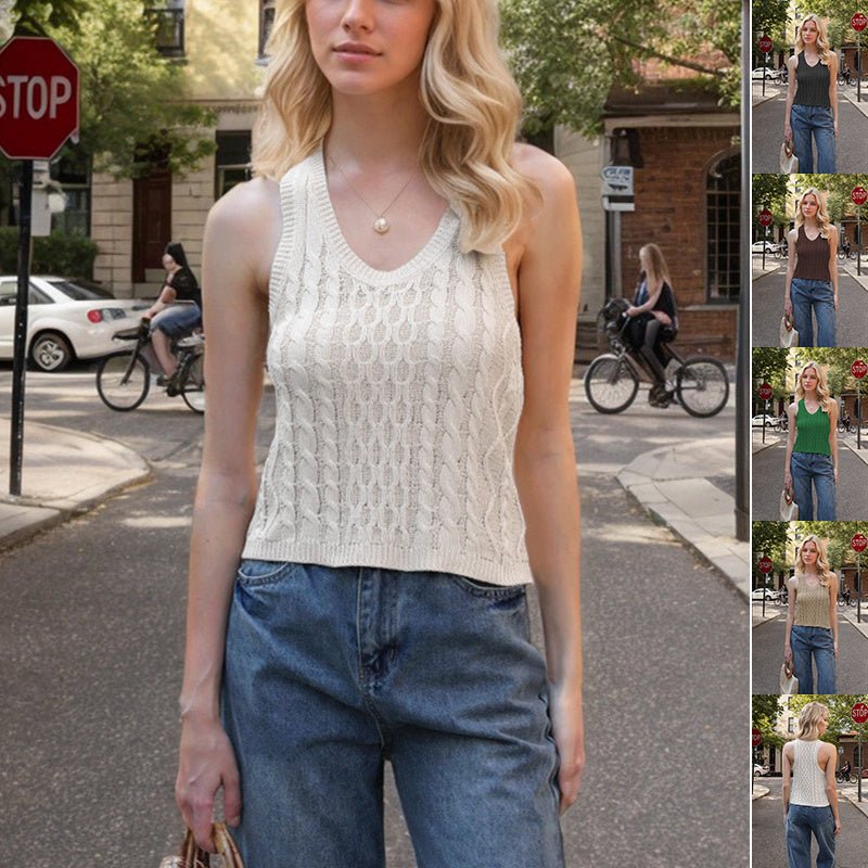 Débardeur à col en V pour femme, haut décontracté en tricot de couleur unie - KaoKao