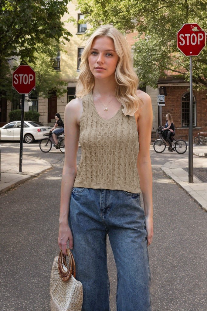Débardeur à col en V pour femme, haut décontracté en tricot de couleur unie - KaoKao