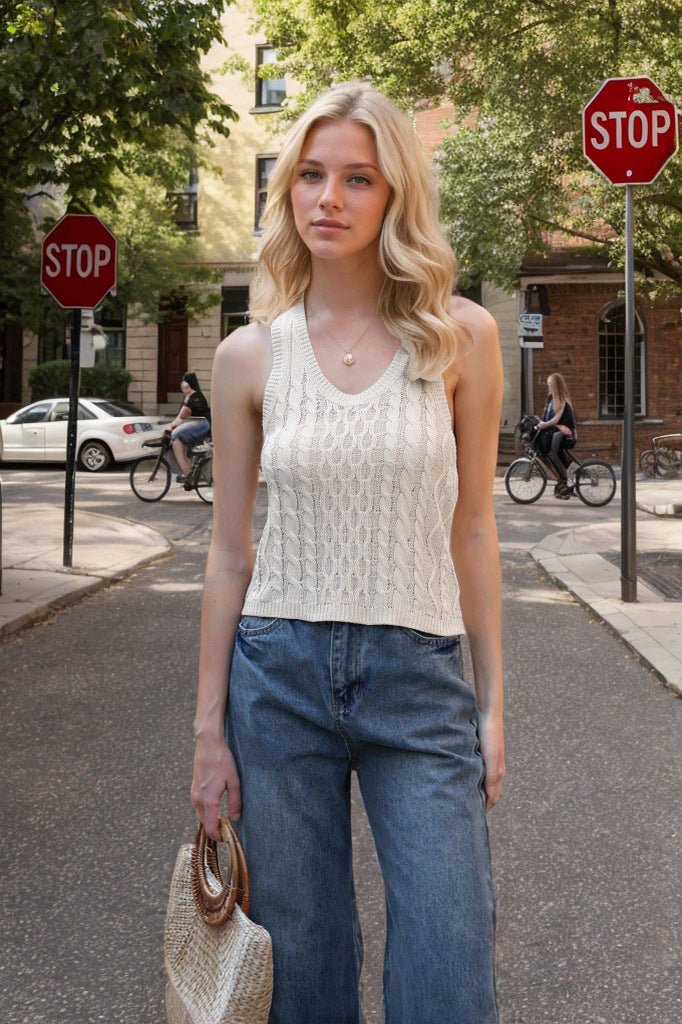 Débardeur à col en V pour femme, haut décontracté en tricot de couleur unie - KaoKao