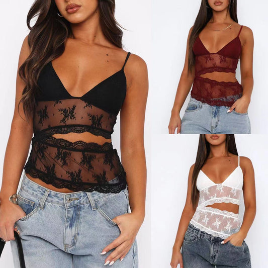 Débardeur dos nu en dentelle cousue pour femme, petite bretelle, col en V, sous - vêtement, gilet, couleur bonbon, bralette - KaoKao