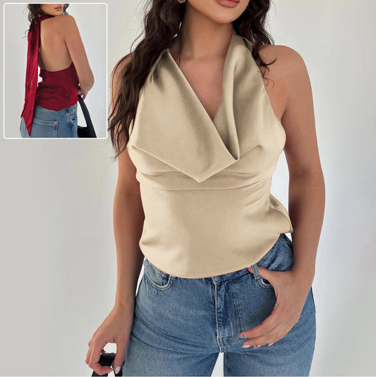 Débardeur dos nu pour femme, couleur unie, coupe slim, noué - KaoKao