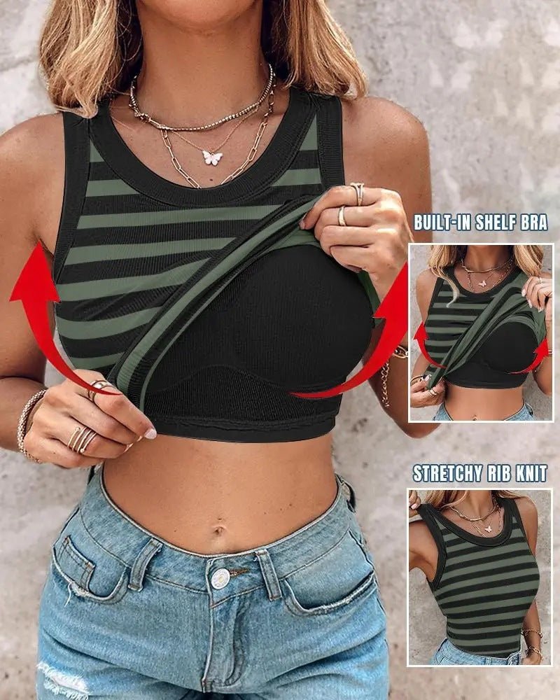 Débardeur slim rayé avec bralette, col rond, sans manches, tendance, pour femme - KaoKao