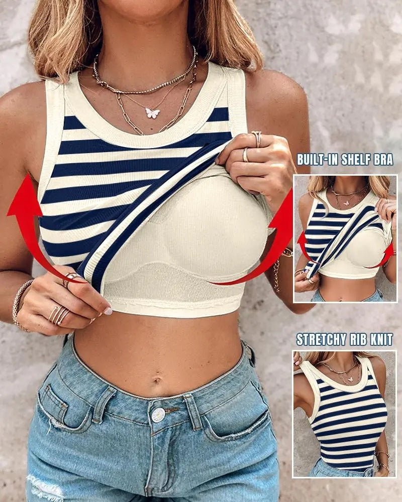 Débardeur slim rayé avec bralette, col rond, sans manches, tendance, pour femme - KaoKao