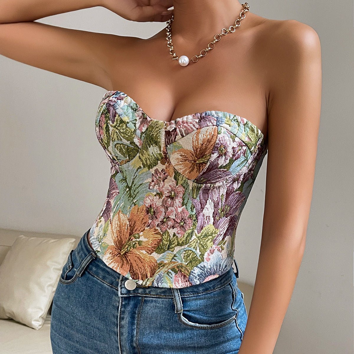 Débardeur tube à imprimé floral Y2K avec design noué dans le dos, débardeur corset court tendance pour femmes - KaoKao