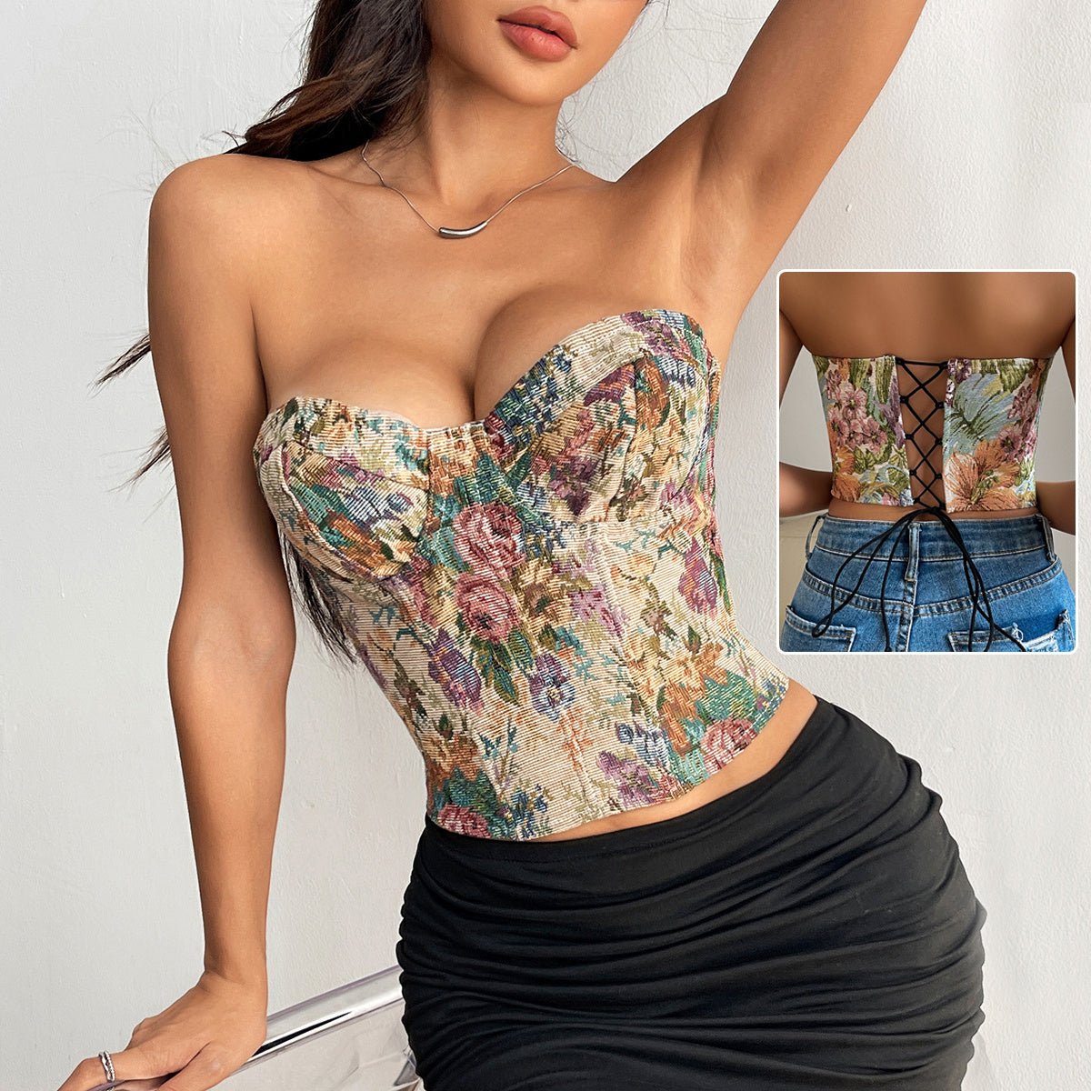 Débardeur tube à imprimé floral Y2K avec design noué dans le dos, débardeur corset court tendance pour femmes - KaoKao