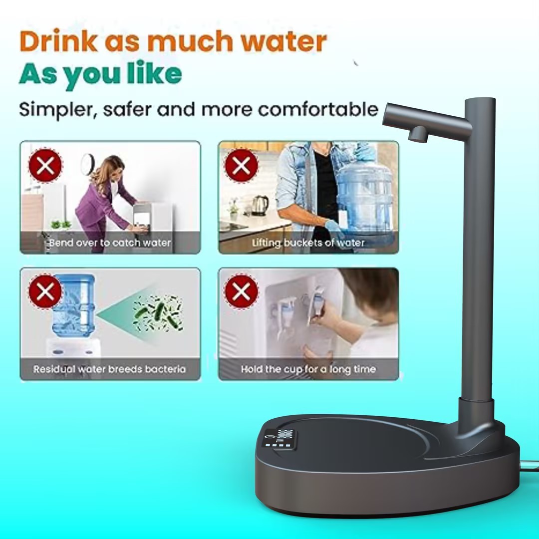 Distributeur d'eau automatique avec bouteille rechargeable de bureau et support ajouté.