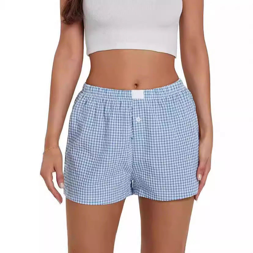 Short de plage à carreaux simple pour femme, pantalon ample et décontracté