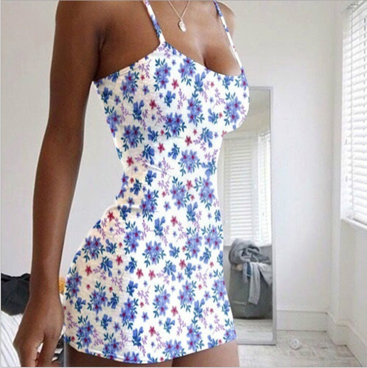 Robe florale slim sexy à bretelles en platine