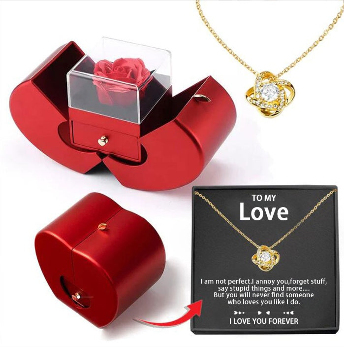 Boîte à bijoux de mode pomme rouge cadeau de Noël collier rose éternelle pour fille cadeaux de la fête des mères et de la Saint-Valentin avec boîte à bijoux en fleur artificielle.