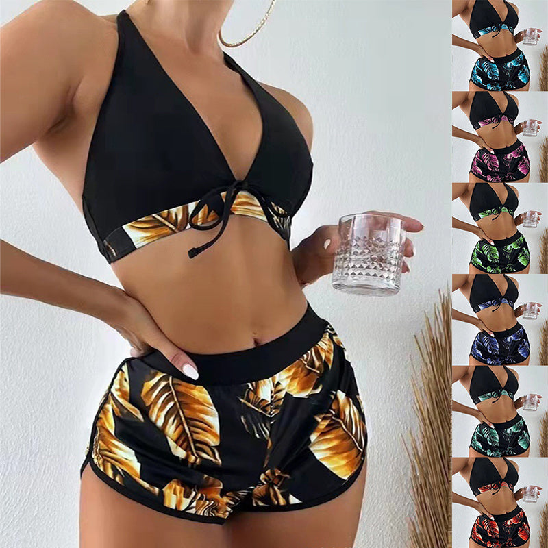 Maillot de bain 3 pièces imprimé feuilles avec short pour femme