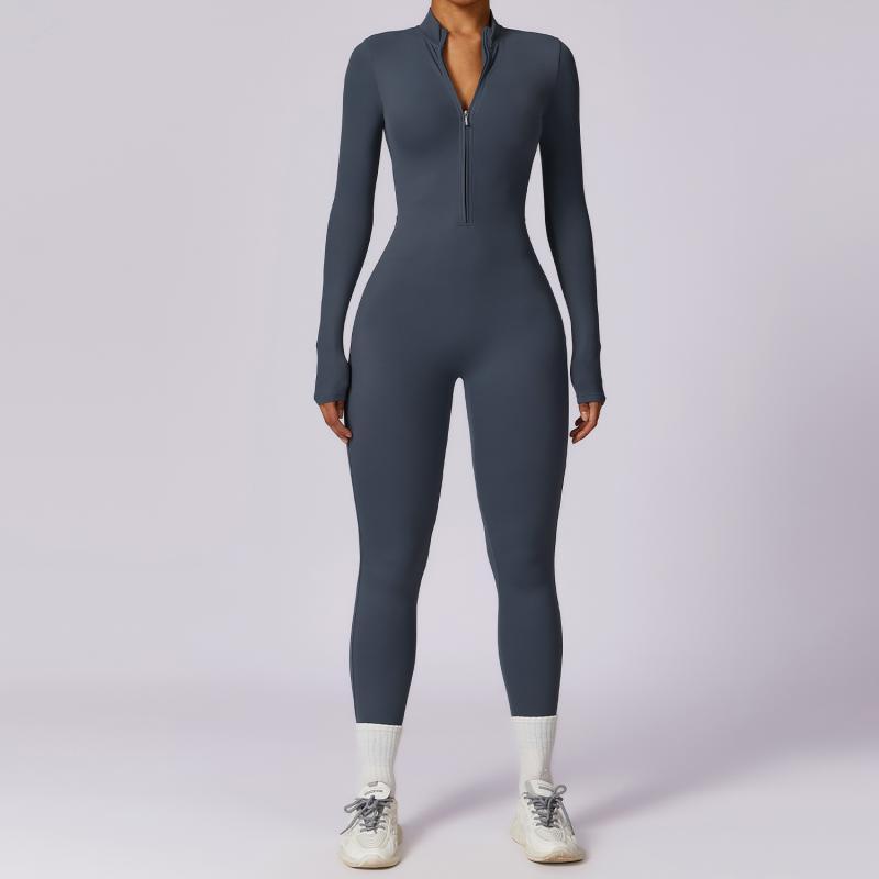 Combinaison à manches longues zippée, pantalon de yoga et de fitness, combinaison de sport ajustée et sans couture pour femmes.