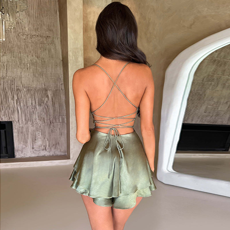 Robe trapèze dos nu en satin à bretelles licou, tenue d'été sexy et élégante de style célébrité, robe courte, vêtements pour femmes