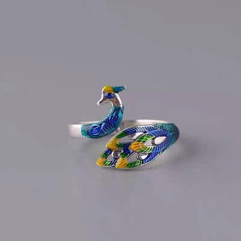 S999 Bague paon cloisonnée en argent sterling pour les femmes