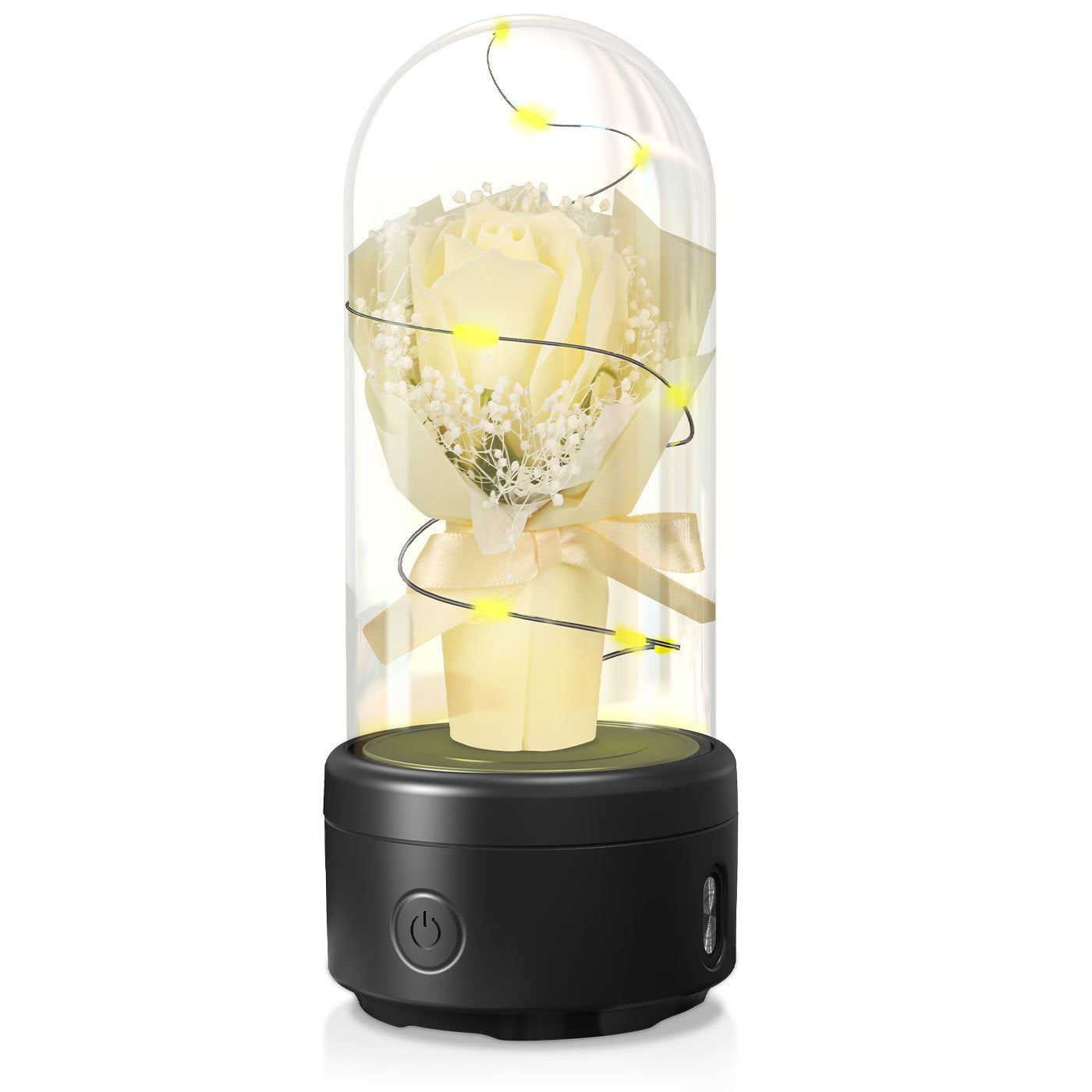 Bouquet créatif 2 en 1 avec lumière LED et haut-parleur compatible Bluetooth, cadeau de fête des mères, veilleuse lumineuse en forme de rose, ornement dans un couvercle en verre