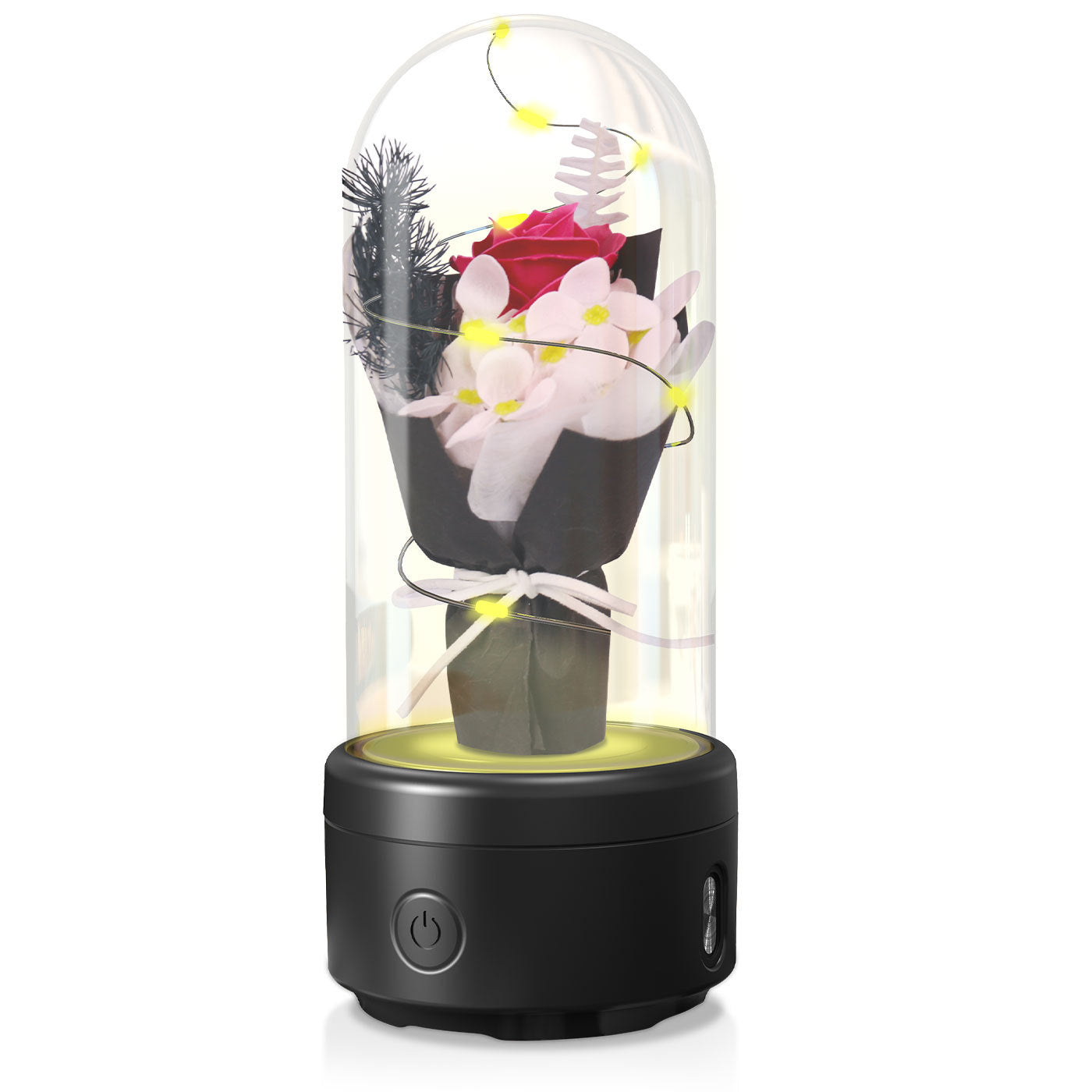 Bouquet créatif 2 en 1 avec lumière LED et haut-parleur compatible Bluetooth, cadeau de fête des mères, veilleuse lumineuse en forme de rose, ornement dans un couvercle en verre