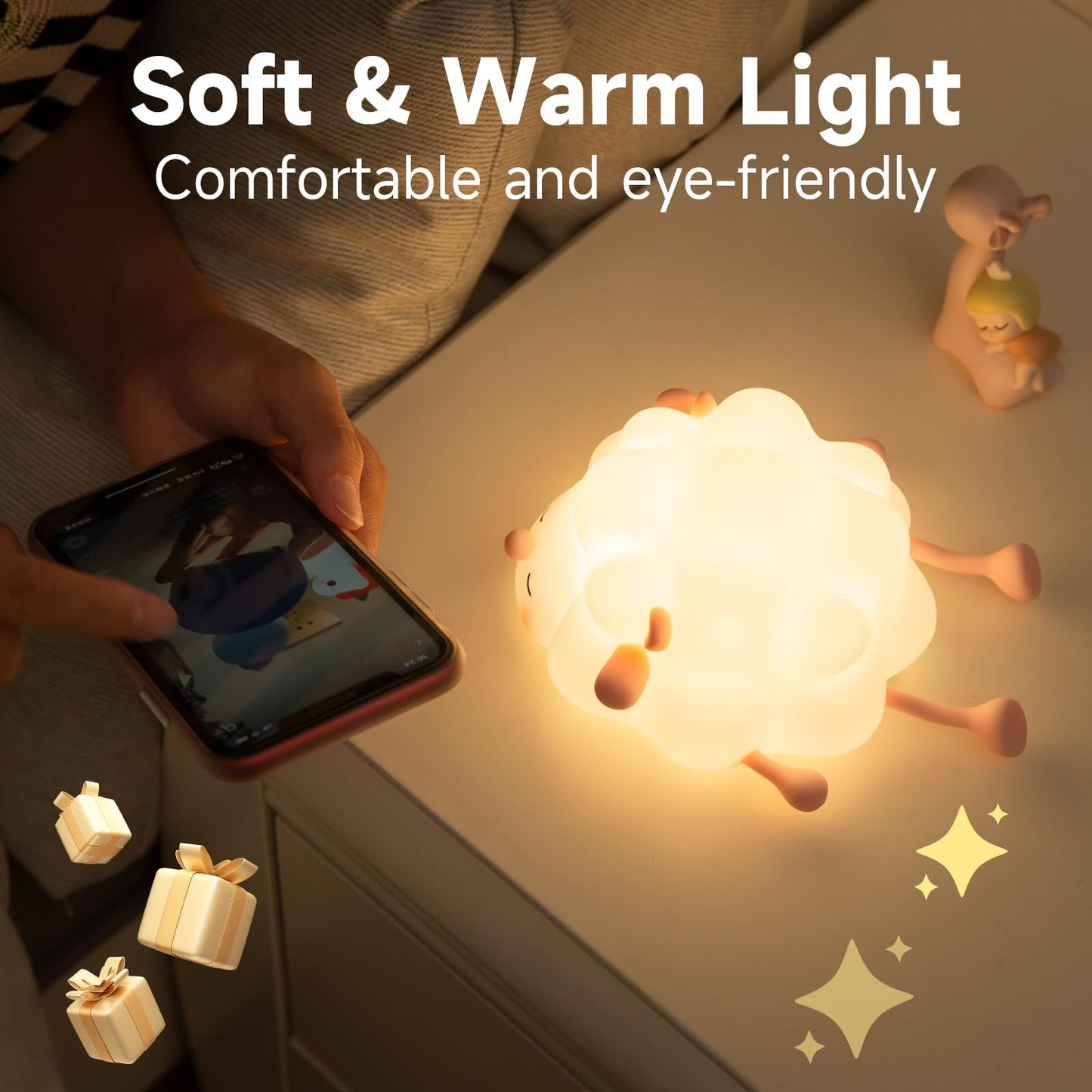 Lampe de nuit en silicone mignonne en forme de mouton, lampe de chambre pour la décoration de la chambre d'enfants, rechargeable avec minuterie et fonction de variation de lumière pour le sommeil.