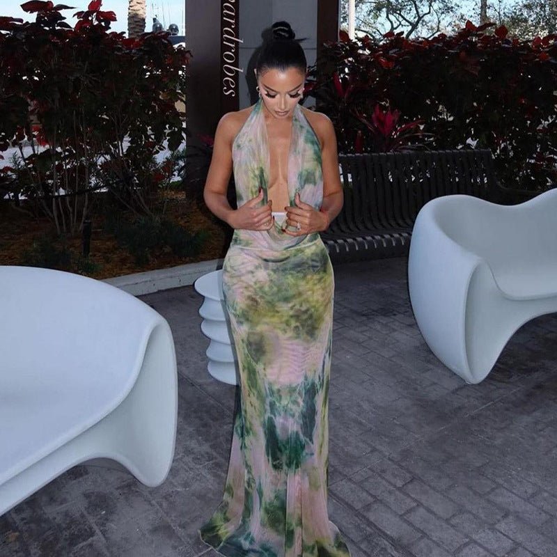 Ensemble 2 pièces imprimé tie - dye, col en V profond, dos nu, robe longue tendance pour soirée sur la plage, vêtements pour femmes - KaoKao