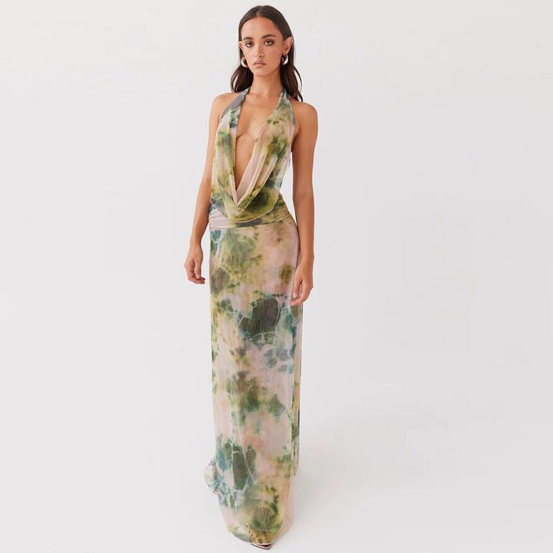 Ensemble 2 pièces imprimé tie - dye, col en V profond, dos nu, robe longue tendance pour soirée sur la plage, vêtements pour femmes - KaoKao