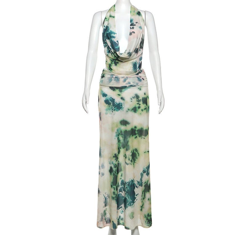 Ensemble 2 pièces imprimé tie - dye, col en V profond, dos nu, robe longue tendance pour soirée sur la plage, vêtements pour femmes - KaoKao