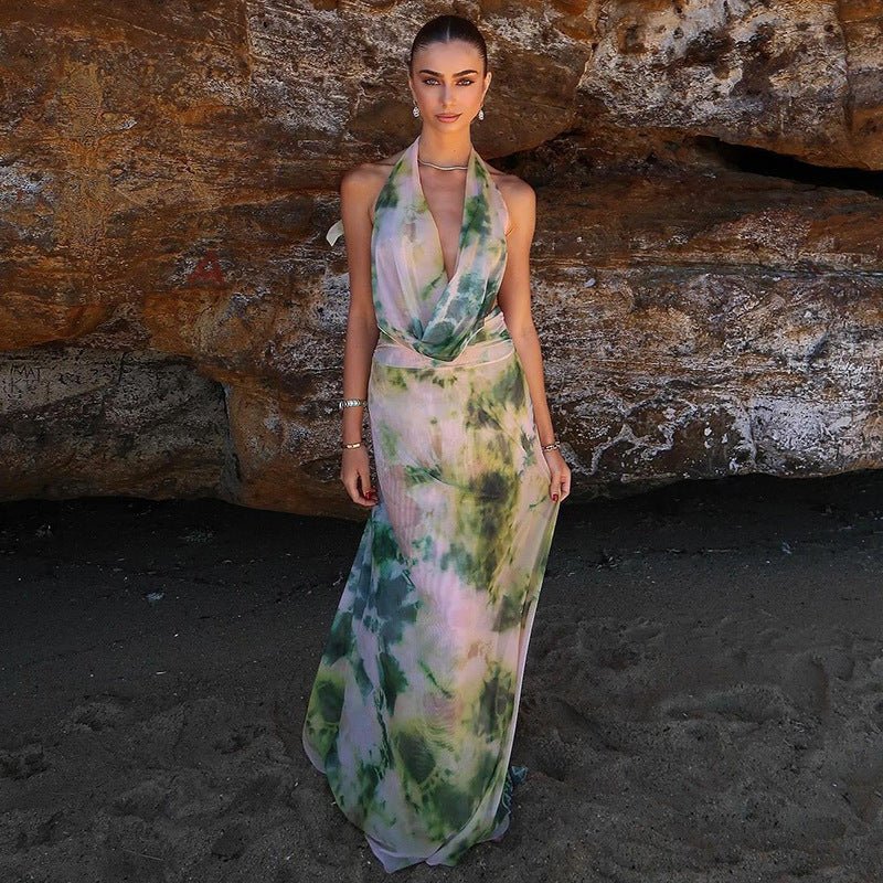 Ensemble 2 pièces imprimé tie - dye, col en V profond, dos nu, robe longue tendance pour soirée sur la plage, vêtements pour femmes - KaoKao