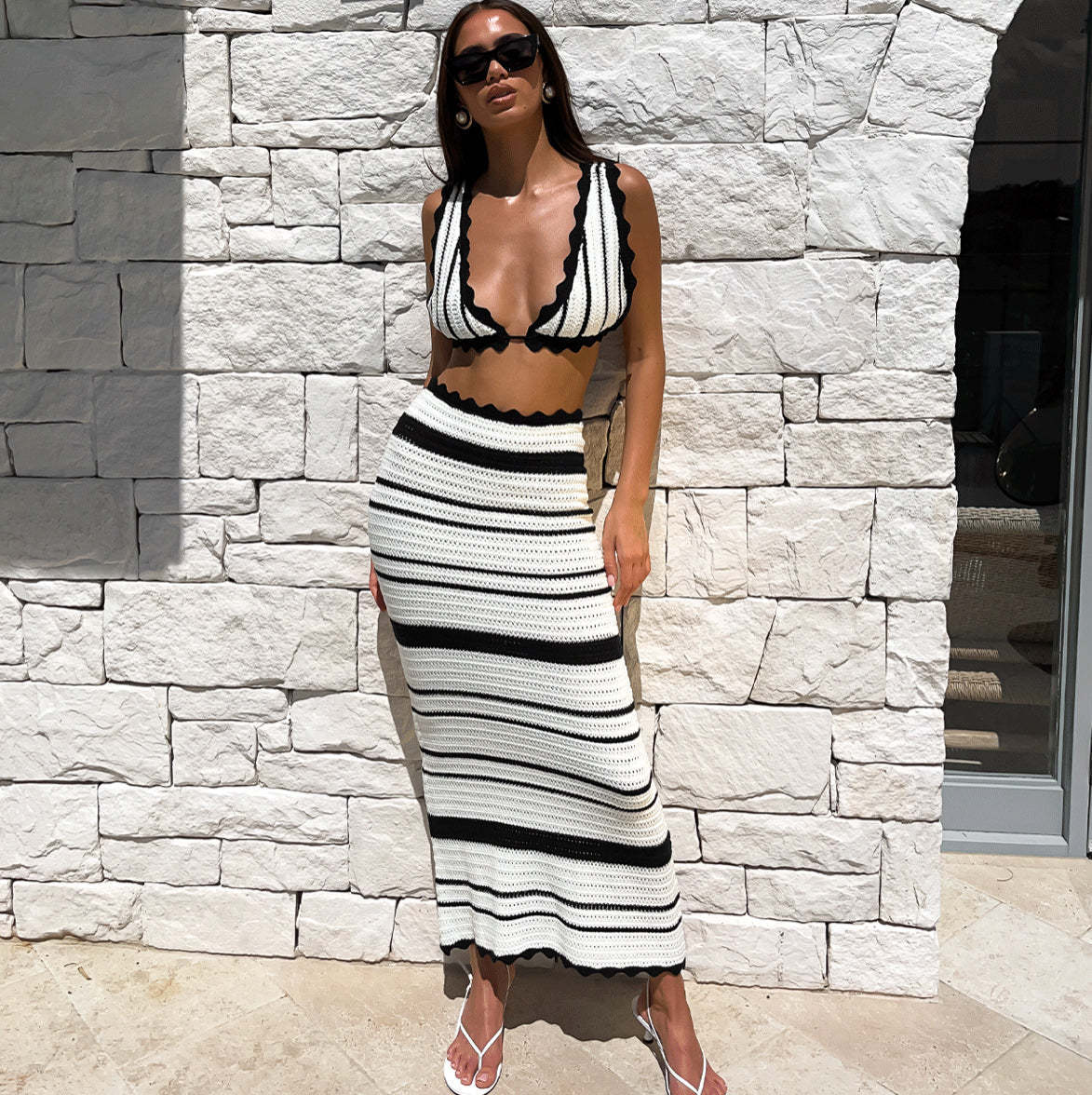 Ensemble bikini rayé 2 pièces, haut décontracté à bretelles, robe longue d'été Y2K pour femmes - KaoKao