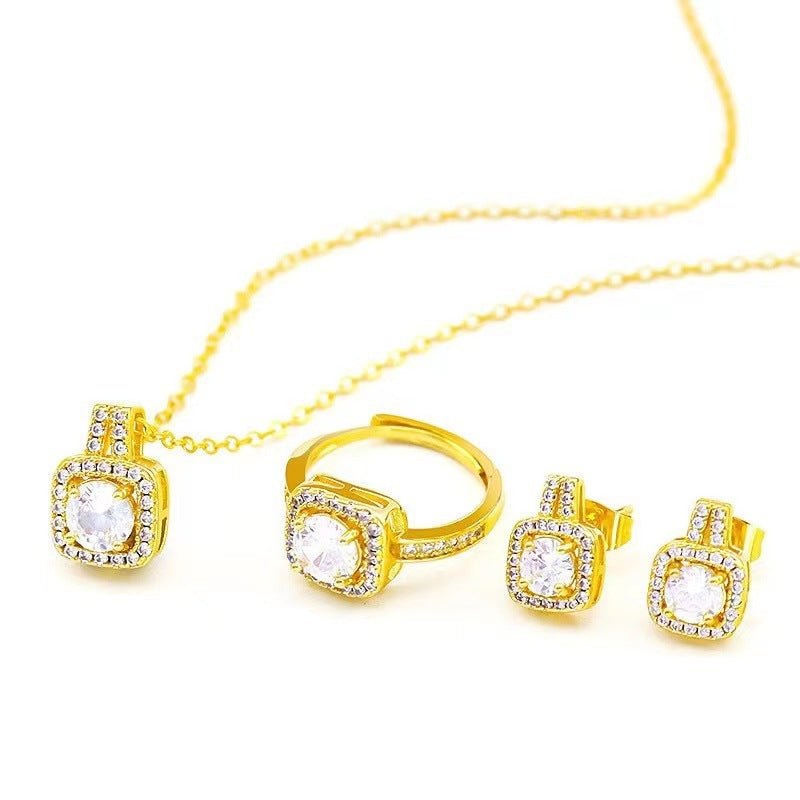 Ensemble de bijoux tendance en zircone avec pendentif en chaîne et collier ras du cou pour femme, couleur or, boucles d'oreilles à tige, bague de mariage - KaoKao