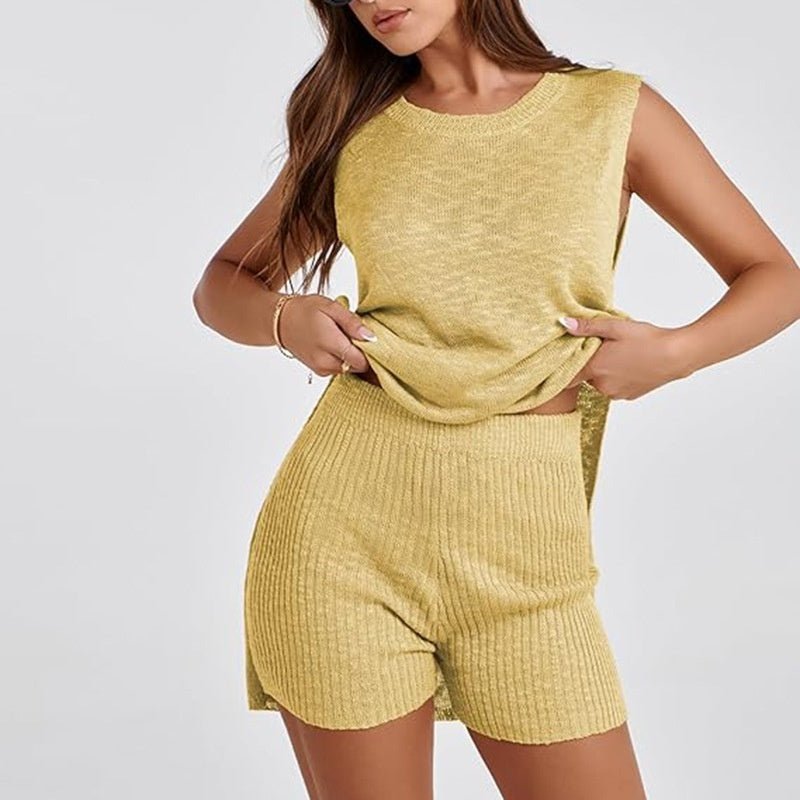 Ensemble de tricot 2 pièces pour femme, haut ample à col rond et short fendu, vêtements de plage - KaoKao