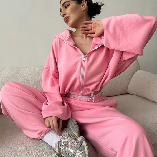 Ensemble deux pièces décontracté pour femme, sweat-shirt à manches longues et pantalon de survêtement à fermeture éclair, couleur unie - KaoKao