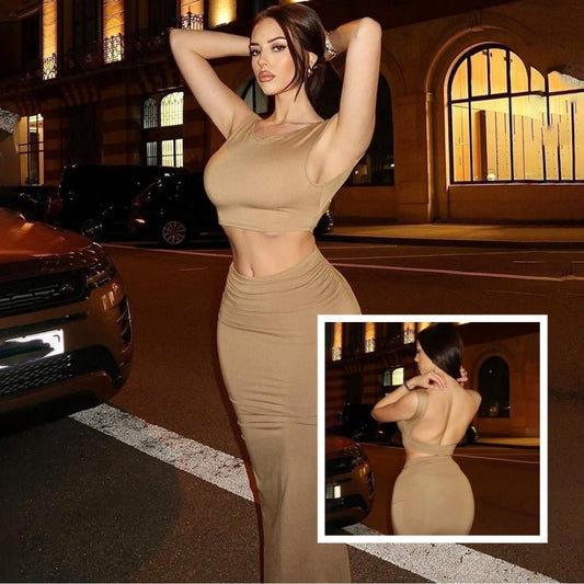 Ensemble deux pièces pour femme, débardeur, jupe longue, robe de soirée, tenue d'été 2025, slim, couleur unie - KaoKao