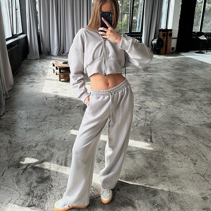 Ensemble deux pièces pull à capuche et pantalon à lacets de couleur unie - KaoKao