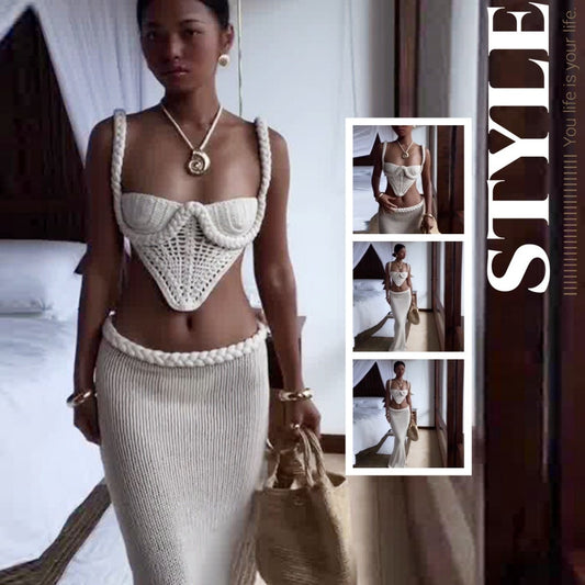Ensemble jupe 2 pièces en tricot crocheté Y2K pour femme, col carré, caraco, jupe hanche, haut tube ajouré sans bretelles, taille basse, jupe maxi moulante - KaoKao