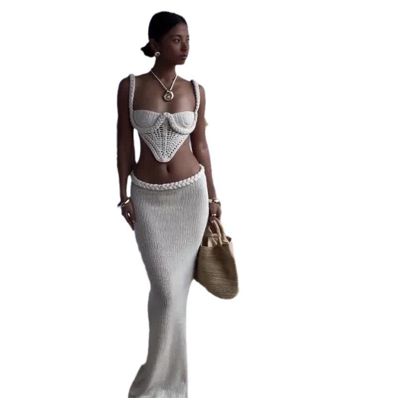 Ensemble jupe 2 pièces en tricot crocheté Y2K pour femme, col carré, caraco, jupe hanche, haut tube ajouré sans bretelles, taille basse, jupe maxi moulante - KaoKao