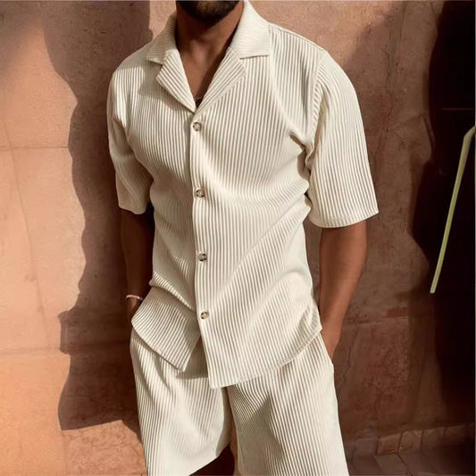 Ensemble t-shirt et short de sport en velours côtelé pour homme, col polo décontracté, couleur unie - KaoKao