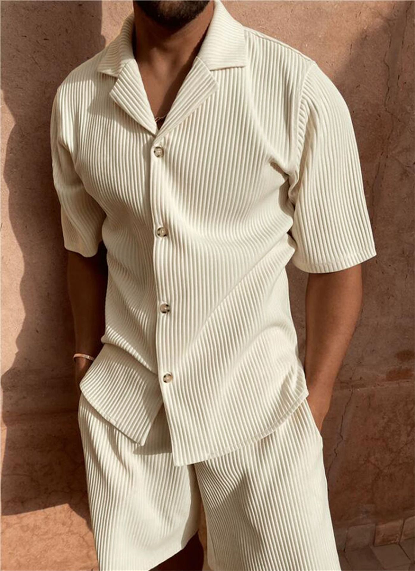 Ensemble t-shirt et short de sport en velours côtelé pour homme, col polo décontracté, couleur unie - KaoKao