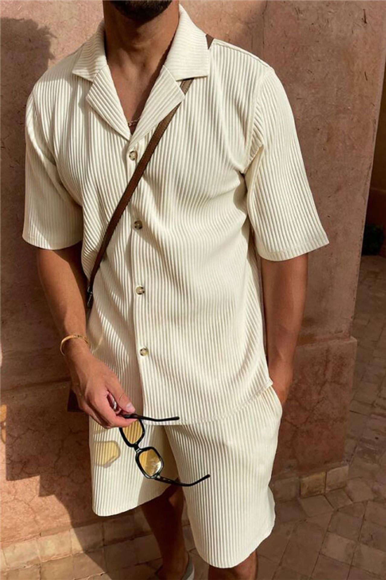 Ensemble t-shirt et short de sport en velours côtelé pour homme, col polo décontracté, couleur unie - KaoKao