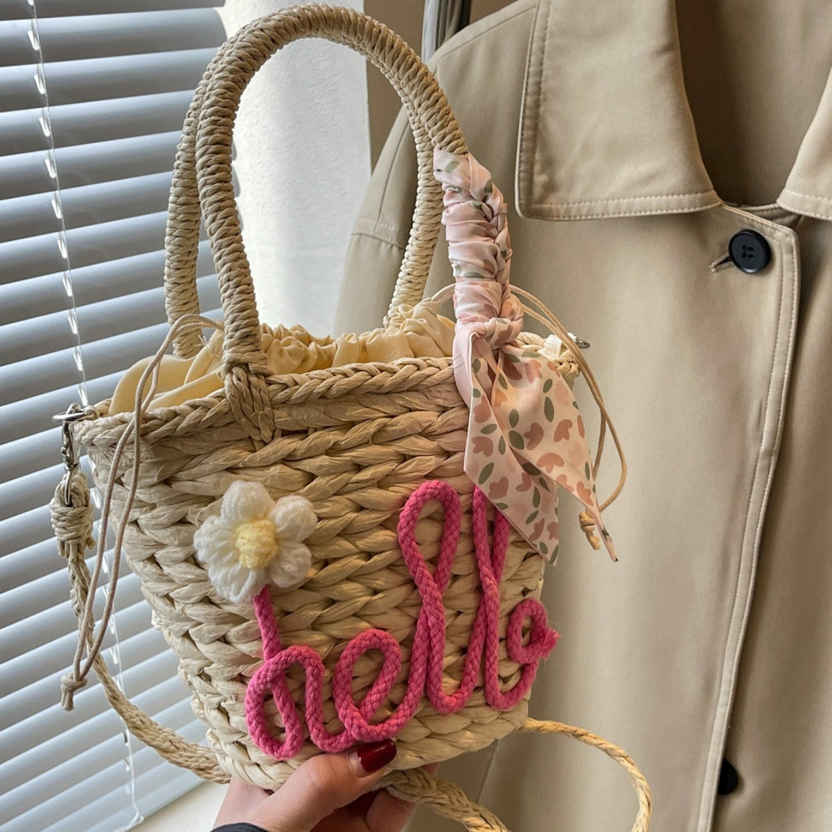 Sac à main tissé pour femme, sac à bandoulière en paille avec lettres tendance