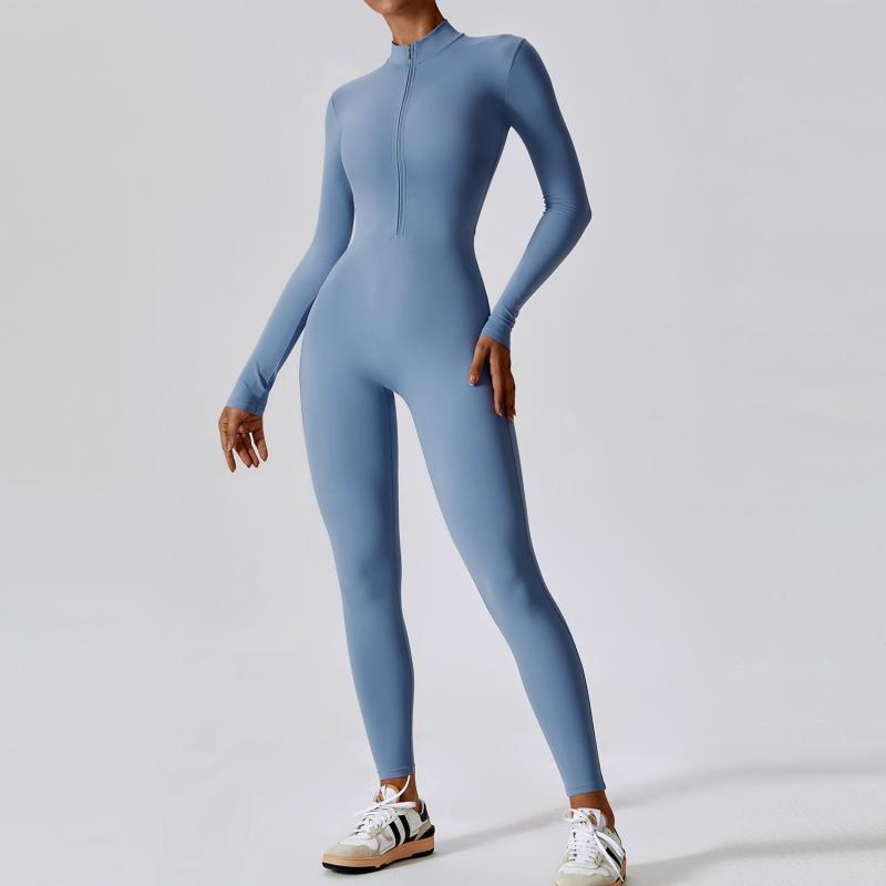 Combinaison à manches longues zippée, pantalon de yoga et de fitness, combinaison de sport ajustée et sans couture pour femmes.