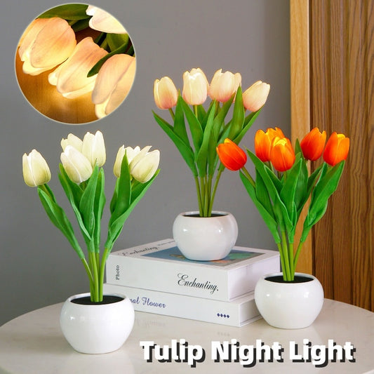 Lampe de table à lumière nocturne en forme de tulipe LED, plante artificielle en pot, décoration de paysage, cadeau pour la maison, la chambre à coucher et le salon.