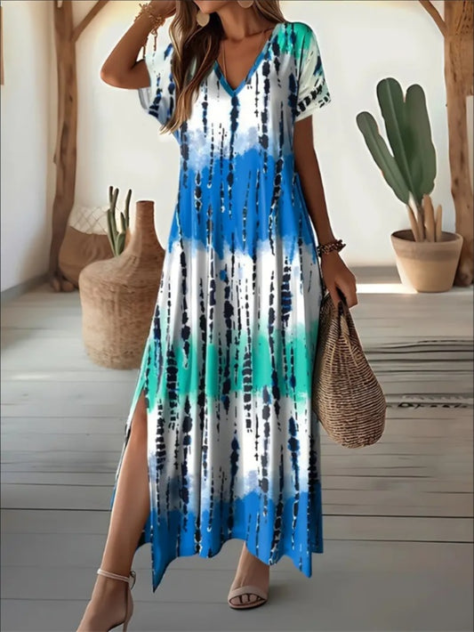 Robe tie-dye asymétrique à col en V vibrant - Élégante, semi-transparente, style pendule personnalisé pour femmes - Parfaite pour les saisons de printemps et d'été.