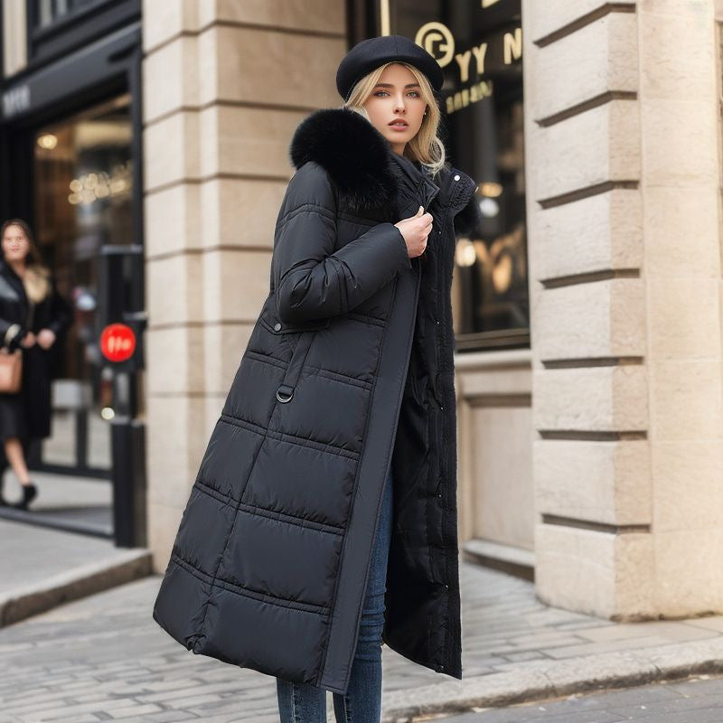 Manteau long slim d'hiver avec capuche en fourrure et ceinture, manteau à capuche solide, vêtement chaud pour femmes.