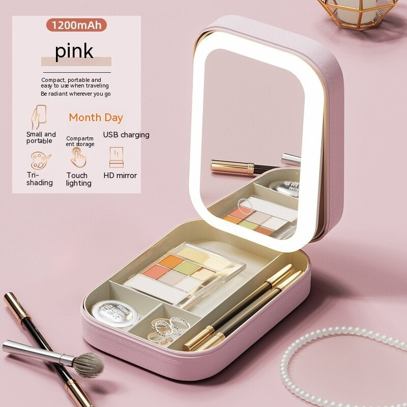 Boîte de rangement de maquillage avec miroir lumineux LED, boîte de rangement portable de voyage pour cosmétiques et maquillage, organisateur de rangement à lumière tactile